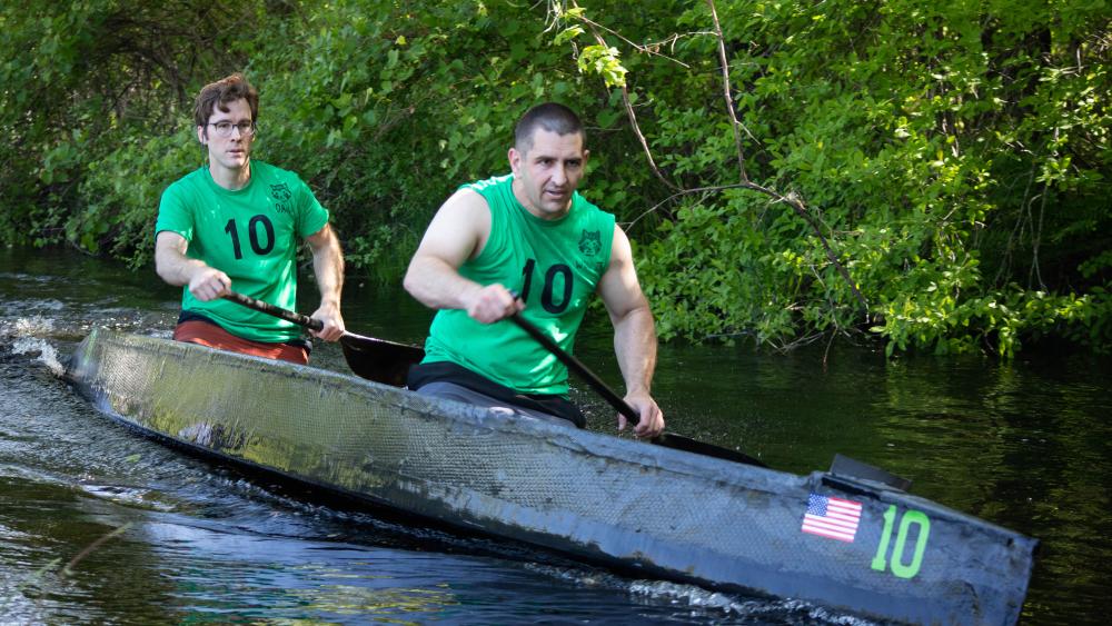 Overall winners Bill Watling III, right, and Daniel Rittenhouse, left, power down the river during the annual Rochester Memorial Day Boat Race in May. Photo by Sawyer Smook-Pollitt